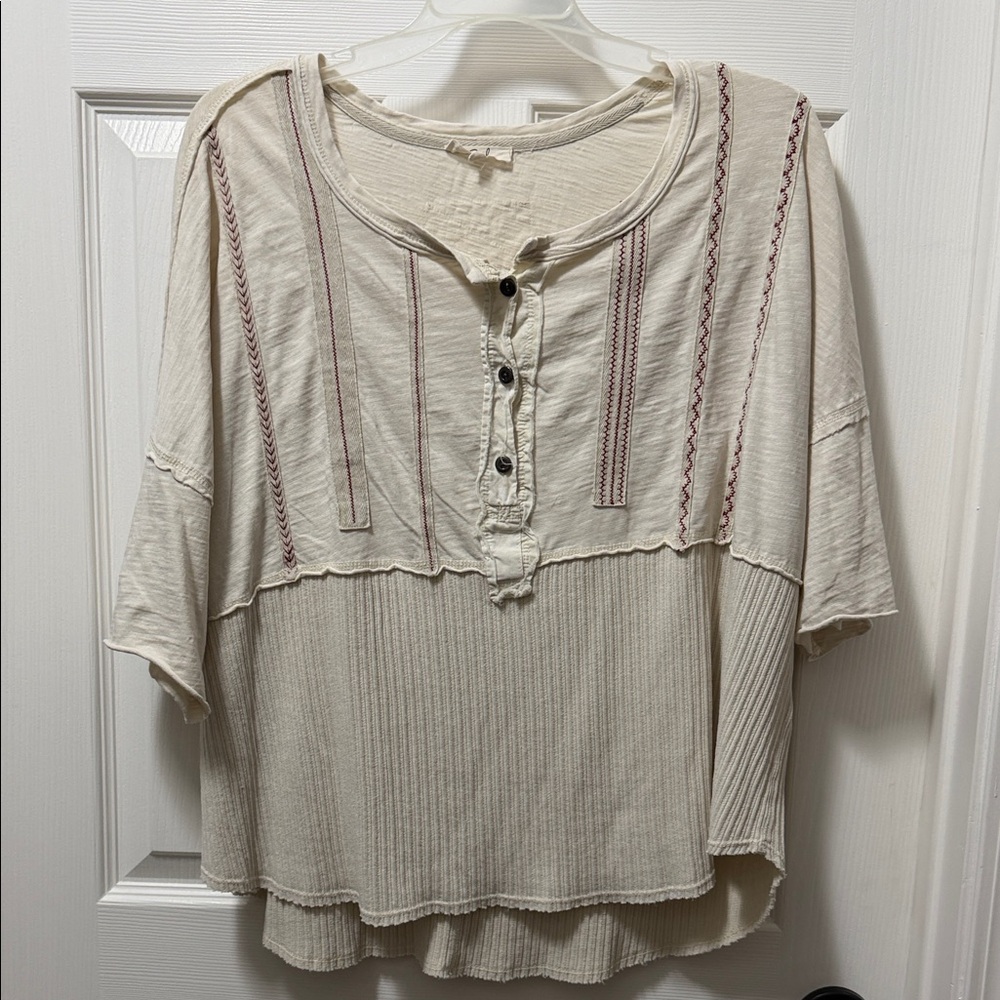Women's Cream Ribbed Henley Short Sleeve Top with Contrast Stitching